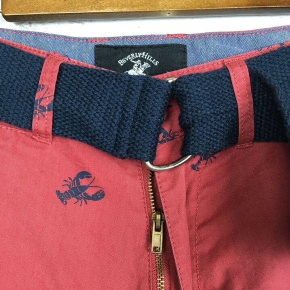 Lobster Print Mens Shorts - size 30 Beverly Hills Polo Club Red with Belt Cotton - Picture 6 of 9
